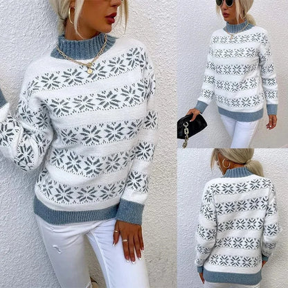 Kuscheliger Winterzauber – Strickpullover mit Schneeflockenmuster & Stehkragen