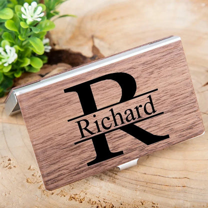 Tarjetero personalizado de madera y metal: tarjetero de alta calidad con logotipo grabado a láser. 