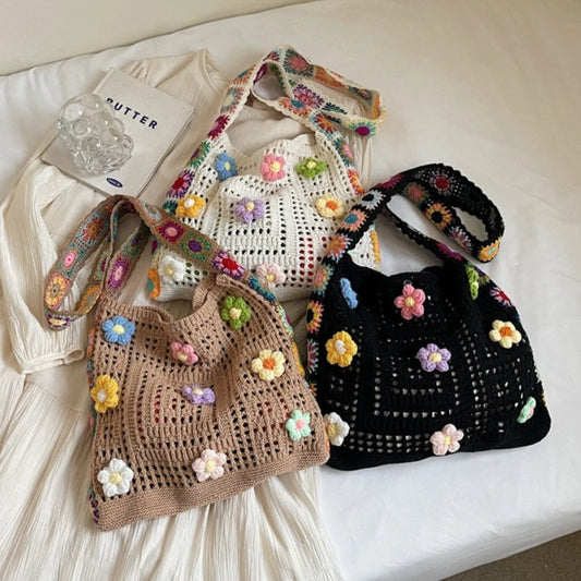 Baumwoll Häkel-Tasche mit Blumen