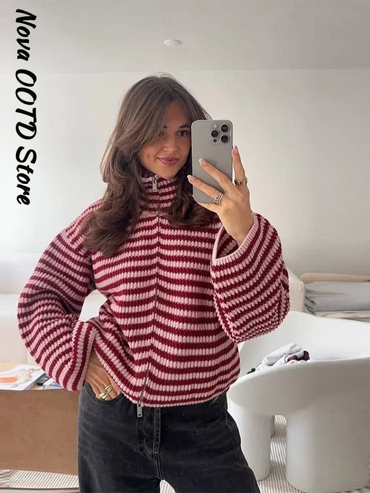 Mode Stricken Gestreiften Strickjacke Frauen Lose Stehkragen Zipper Volle Hülse Pullover 2026 Frühling Herbst Dame Lässige Strickwaren Neue