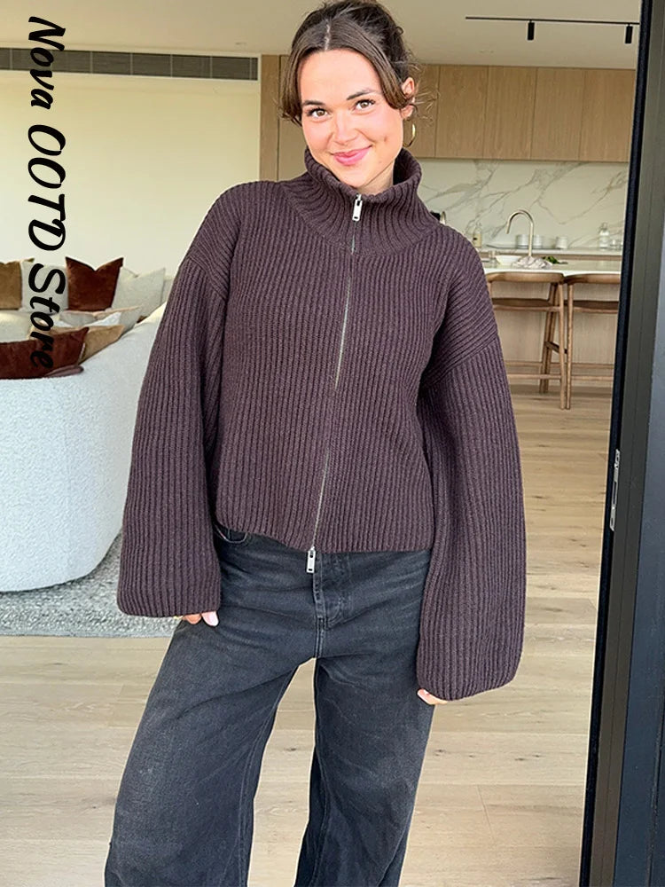 Mode Stricken Gestreiften Strickjacke Frauen Lose Stehkragen Zipper Volle Hülse Pullover 2026 Frühling Herbst Dame Lässige Strickwaren Neue