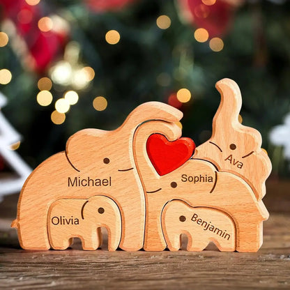 Personalisiertes Elefanten-Holzpuzzle – Familiennamen Dekofigur | Geschenk für Eltern & Weihnachten