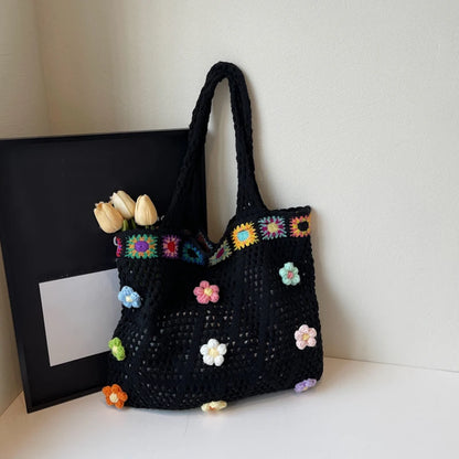 Gehäkelte Blumentasche – Damen Strick Tote Bag Schultertasche Boho Strand & Shopping