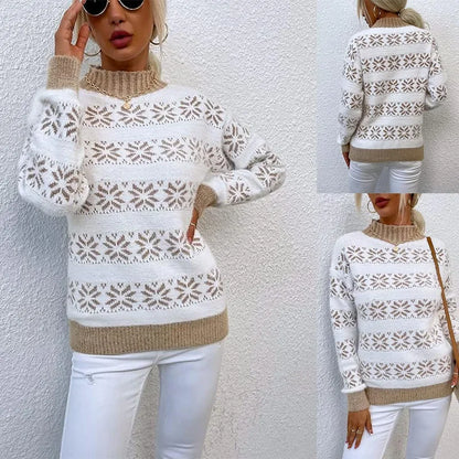 Kuscheliger Winterzauber – Strickpullover mit Schneeflockenmuster & Stehkragen
