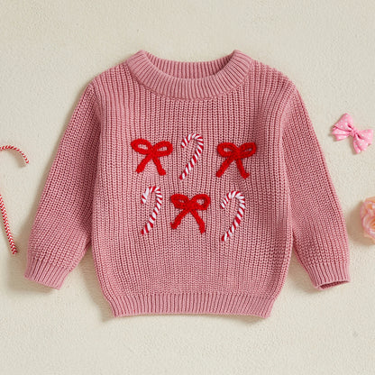 Zuckersüßer Weihnachts Strickpullover für Mädchen – Rosa Candy Cane Zauber