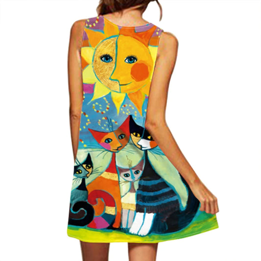 Bohemian Sommerkleid – V-Ausschnitt, Ärmellos, Bedruckt, Knielang, Lockerer Schnitt