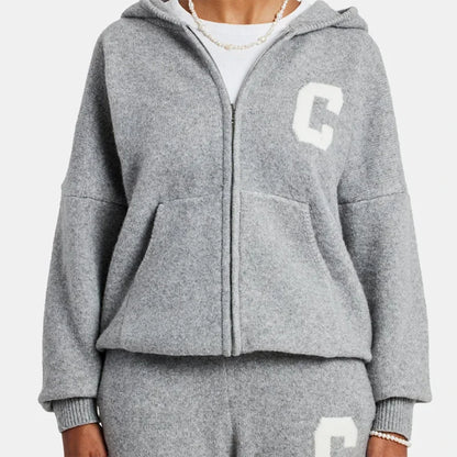 Damen Strickanzug 2-teilig Herbst/Winter – Kapuzen-Strickjacke mit Reißverschluss & Gerade Hose, Lässiges Knit Set