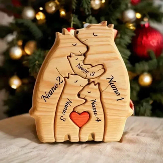 Holz-Puzzle „Bärenfamilie“ – Personalisiertes Namens-Dekor, Geschenkidee für Baby, Mama & Familie
