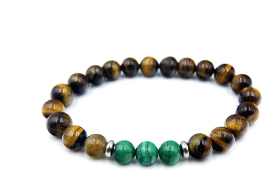 Naturstein Armband – Malachit & Tigerauge mit Edelstahl-Perlen