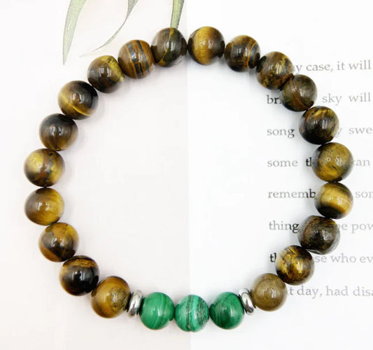 Naturstein Armband – Malachit & Tigerauge mit Edelstahl-Perlen