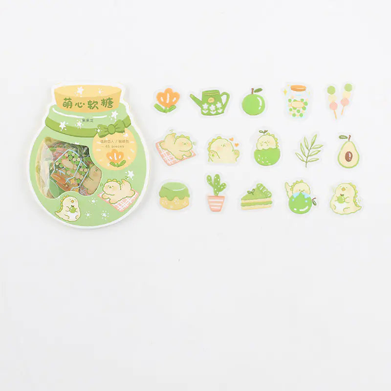 Niedlicher Cartoon Tier & Frucht PVC Sticker Pack (45 Stück) – Transparent, DIY & Journaling