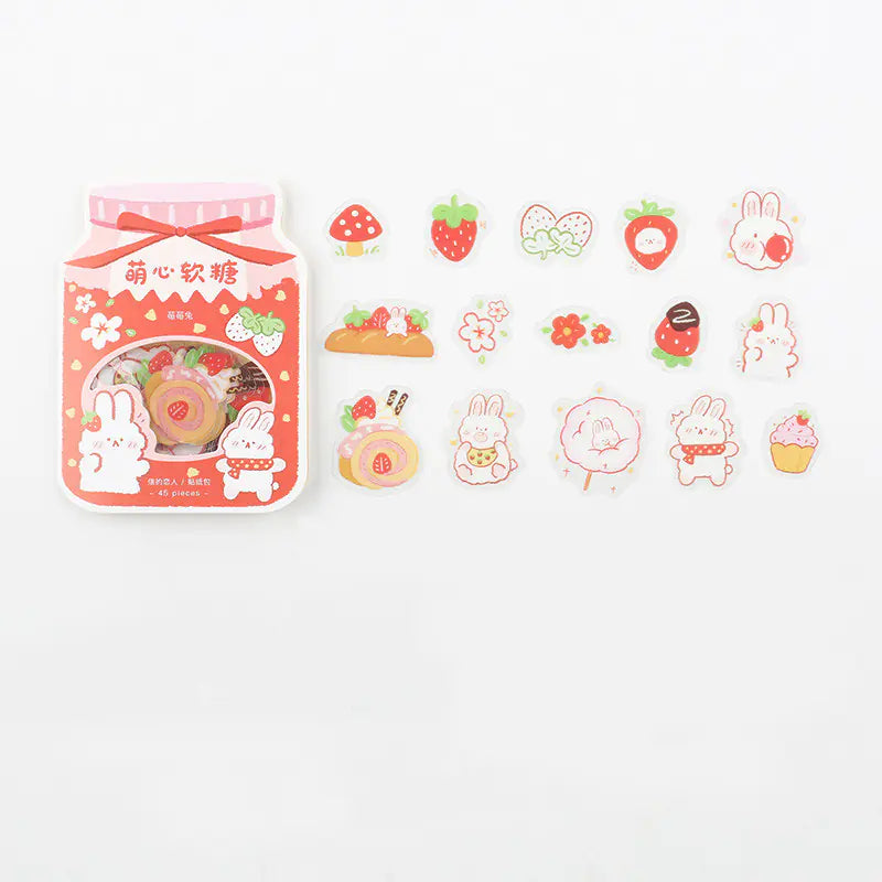Niedlicher Cartoon Tier & Frucht PVC Sticker Pack (45 Stück) – Transparent, DIY & Journaling